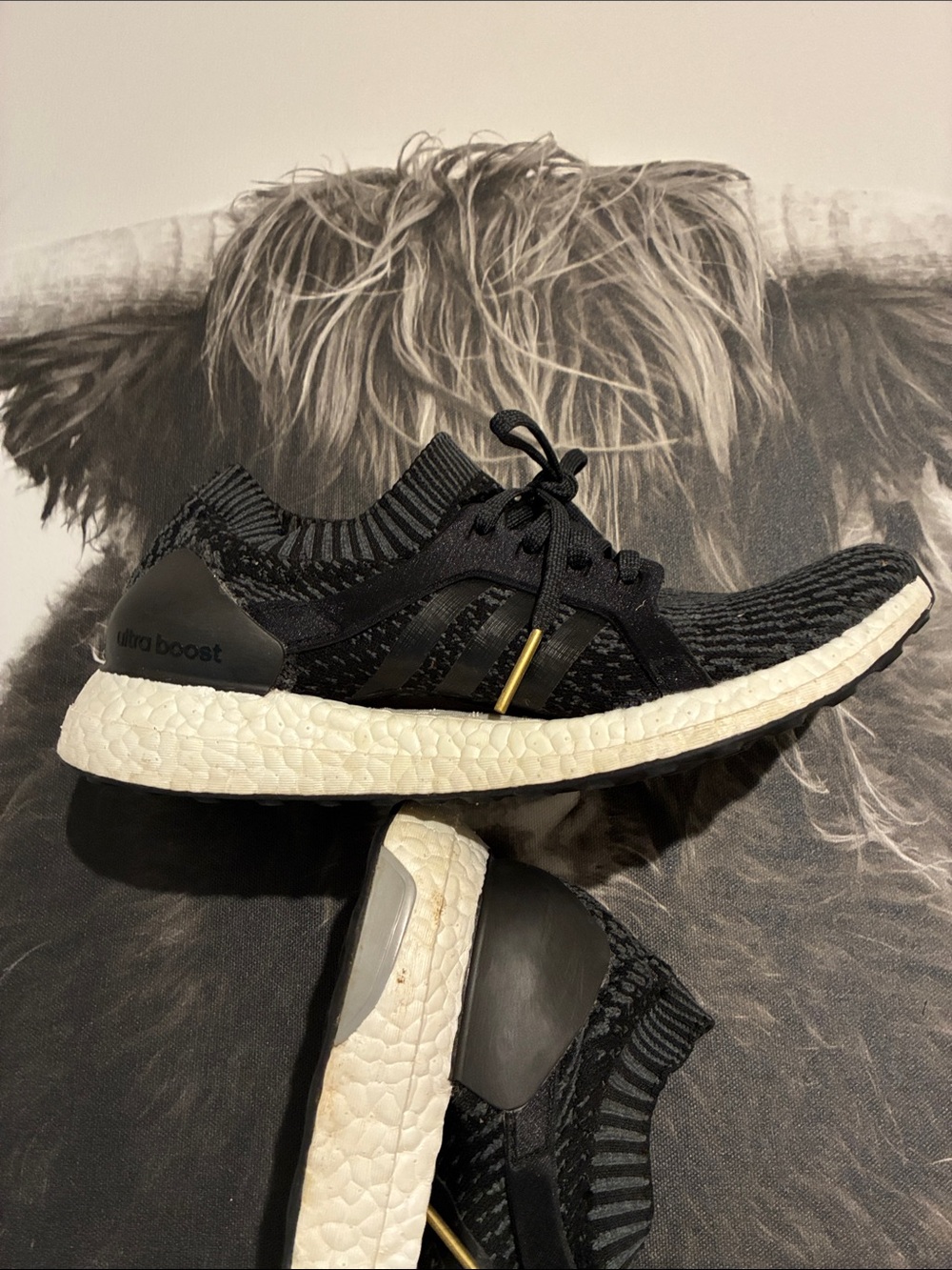 adidas Black Knit Ultra Boost with White Midsole and Gold Accent